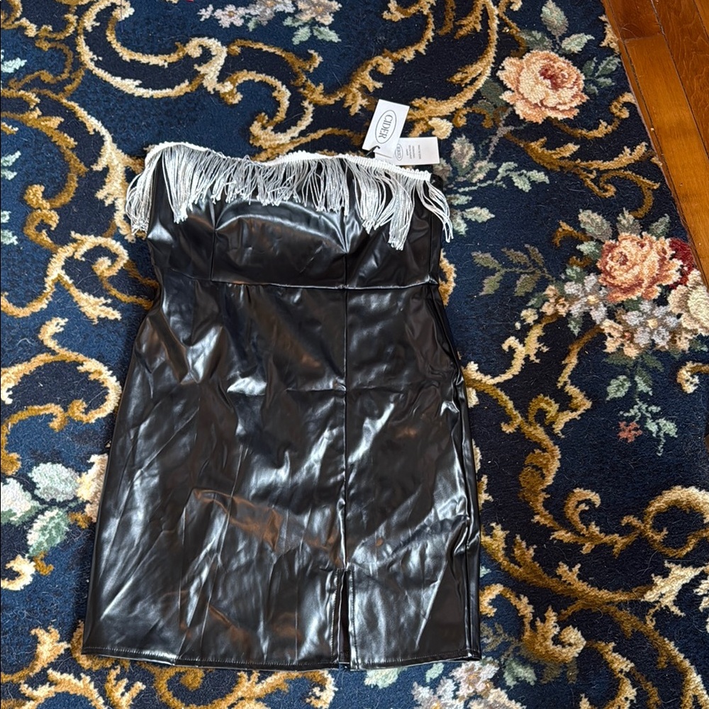 Cider vegan leather  Strapless‎ Dress with Fringe -NWT.